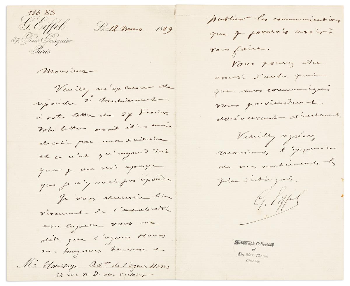 EIFFEL, GUSTAVE. Letter Signed, G. Eiffel, to press agent Henri Houssaye, in French,